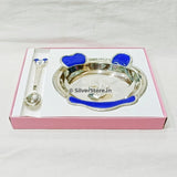 Pure Silver Bowl And Spoon For Baby - 925 Bis Hallmark Blue Colour Oval Shape 5’’ Inch Size