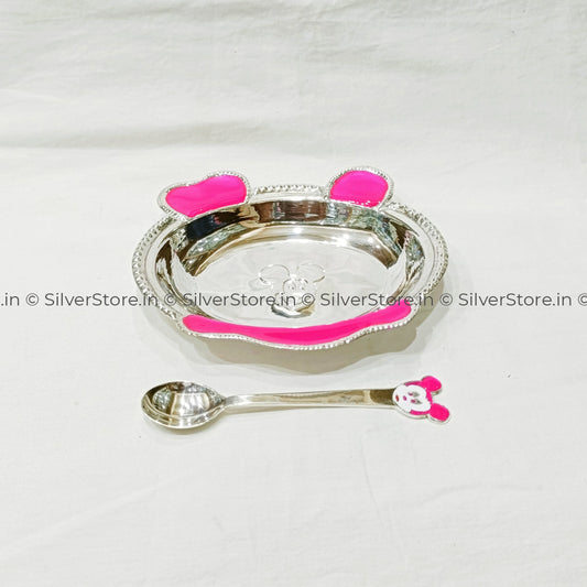 Pure Silver Bowl And Spoon For Baby - 925 Bis Hallmark Blue Colour Oval Shape 5’’ Inch Size