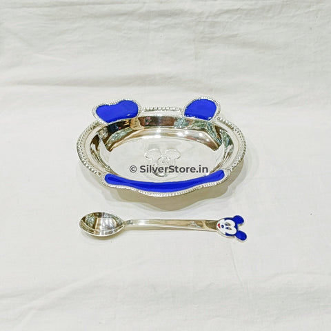 Pure Silver Bowl And Spoon For Baby - 925 Bis Hallmark Blue Colour Oval Shape 5’’ Inch Size