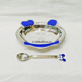 Pure Silver Bowl And Spoon For Baby - 925 Bis Hallmark Blue Colour Oval Shape 6’’ Inch Size