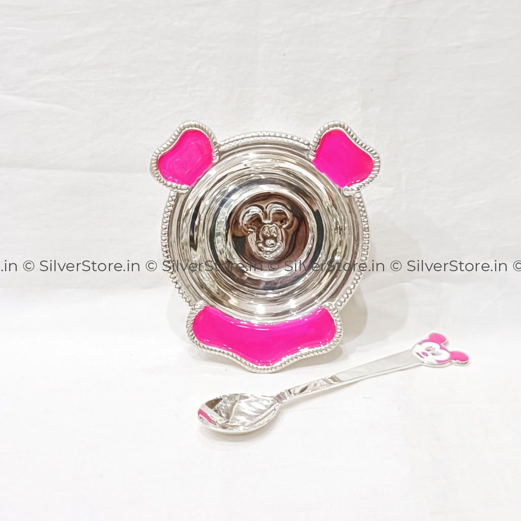 Pure Silver Bowl And Spoon For Baby - 925 Bis Hallmark Pink Colour Silver Bowl