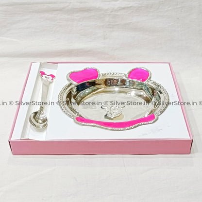 Pure Silver Bowl And Spoon For Baby - 925 Bis Hallmark Pink Colour Oval Shape 6’’ Inch Size