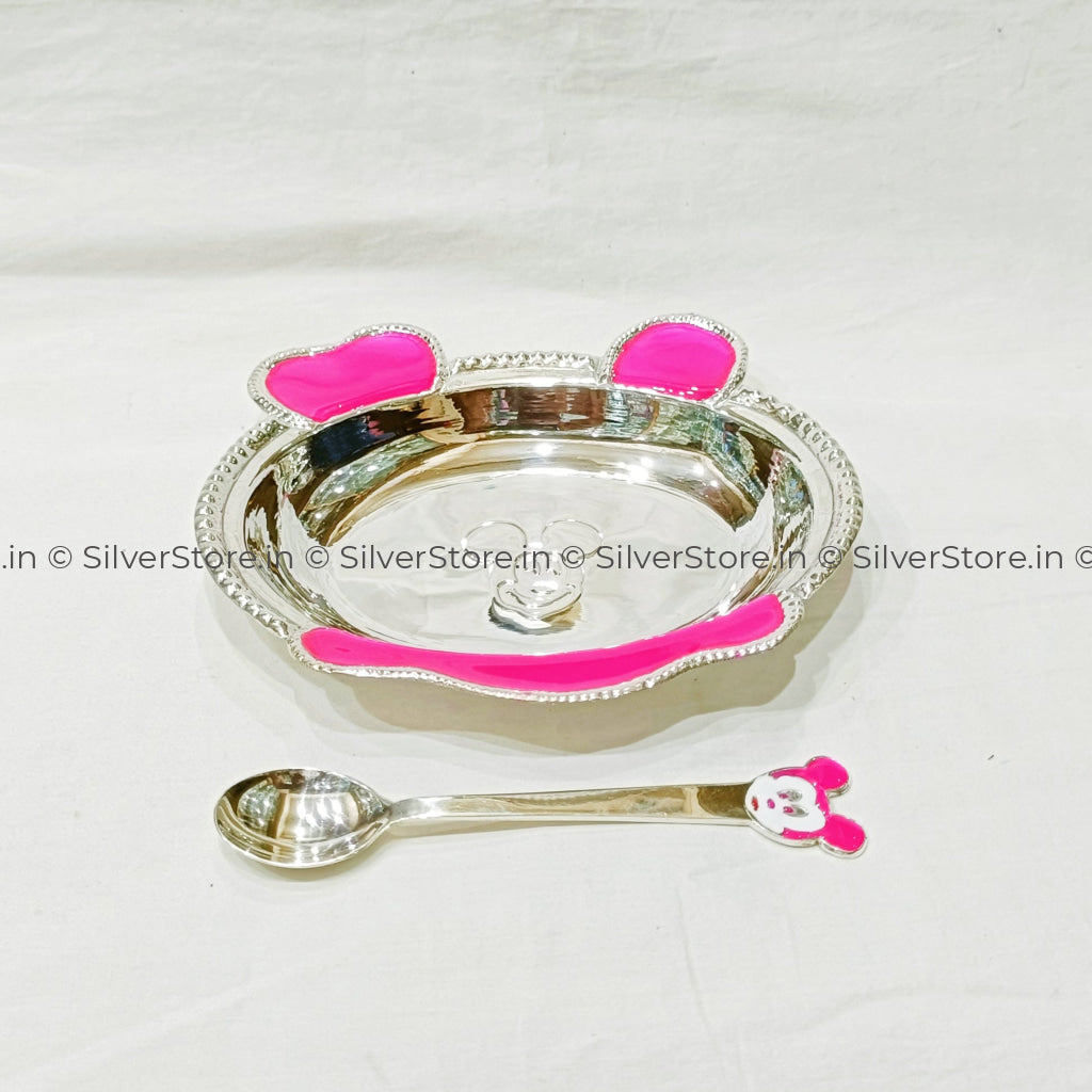 Pure Silver Bowl And Spoon For Baby - 925 Bis Hallmark Pink Colour Oval Shape 6’’ Inch Size