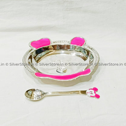 Pure Silver Bowl And Spoon For Baby - 925 Bis Hallmark Pink Colour Oval Shape 6’’ Inch Size