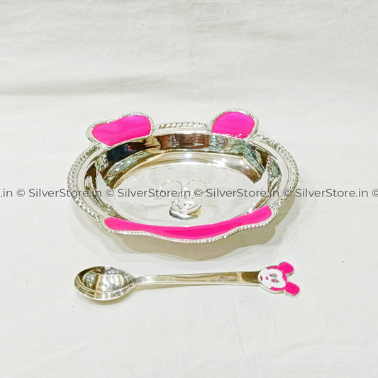 Pure Silver Bowl And Spoon For Baby - 925 Bis Hallmark Pink Colour Oval Shape 6’’ Inch Size