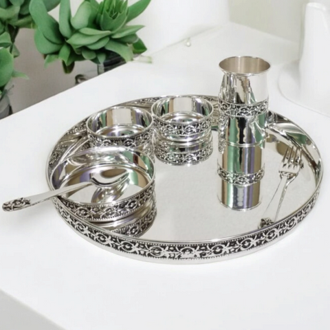 Silver Dinner Set /Silver Thali Set - 925 Bis Hallmarked Antique Finish On Border