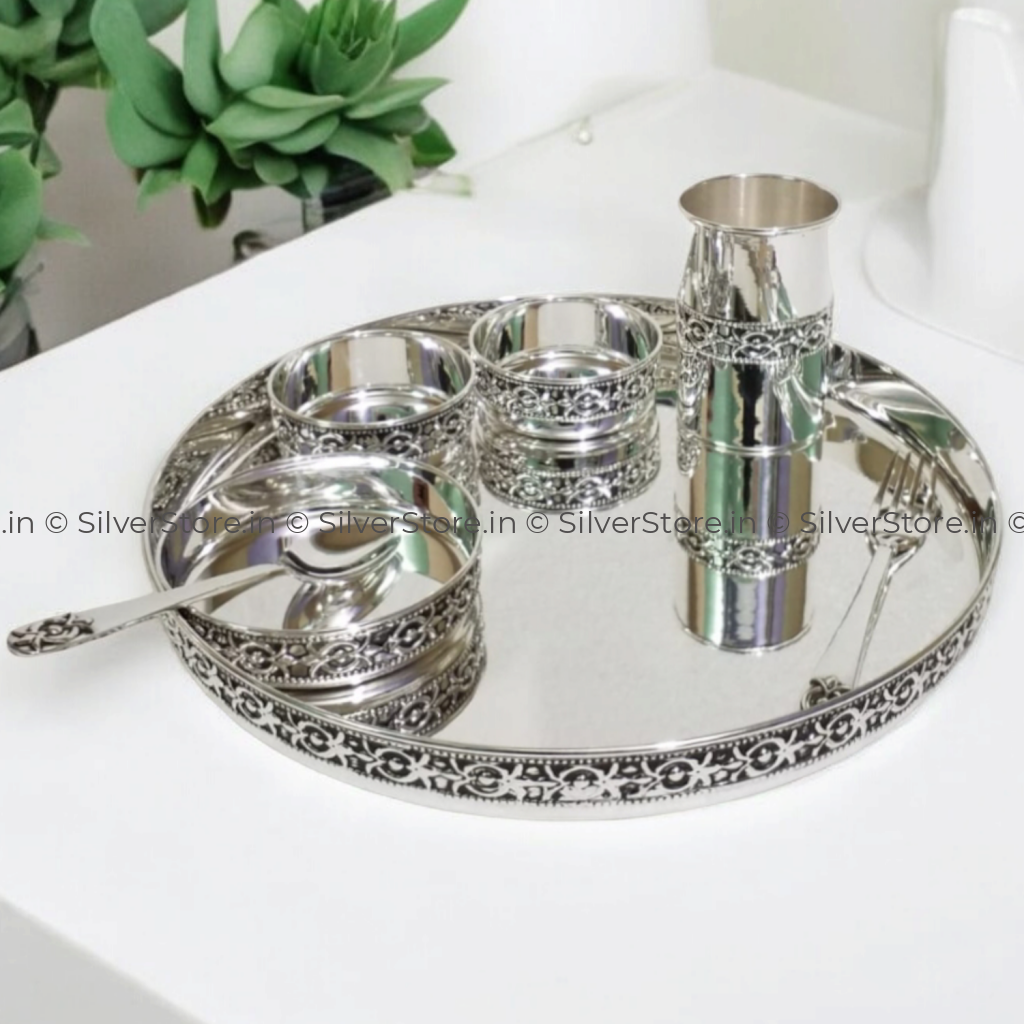 Silver Dinner Set /Silver Thali Set - 925 Bis Hallmarked Antique Finish On Border