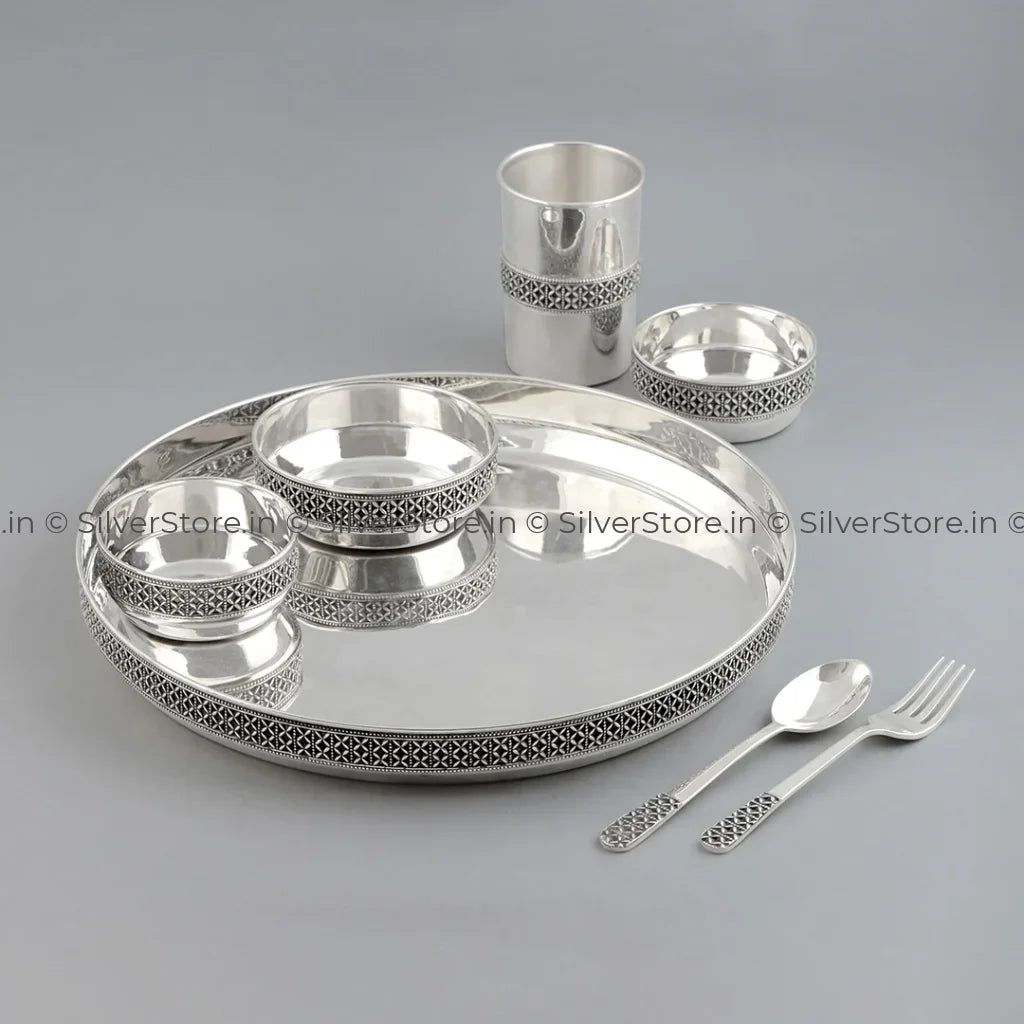 Pure Silver Dinner Set /Pure Silver thali set - 925 Bis hallmarked - Antique Finish on Border