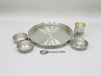 Pure Silver Dinner Set /Pure Silver thali set - 925 Bis hallmarked - Nakshi work with Antique Fnish with glass katori