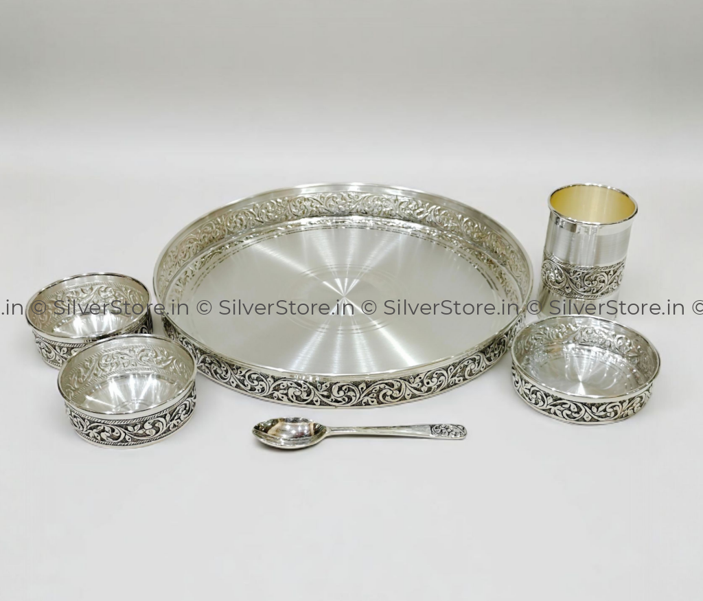 Pure Silver Dinner Set /Pure Silver thali set - 925 Bis hallmarked - Nakshi work with Antique Fnish with glass katori
