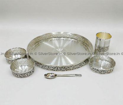 Pure Silver Dinner Set /Pure Silver thali set - 925 Bis hallmarked - Nakshi work with Antique Fnish with glass katori