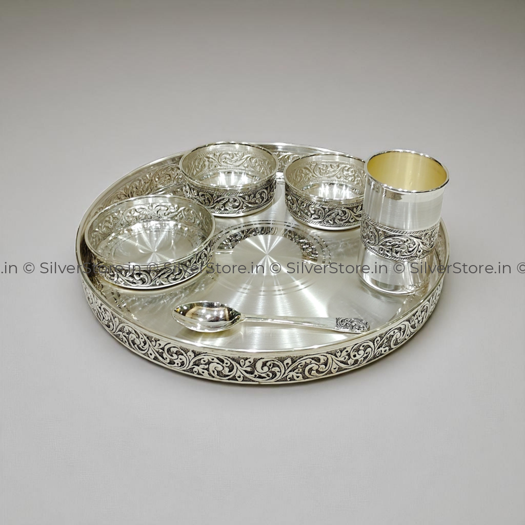 Pure Silver Dinner Set /Pure Silver thali set - 925 Bis hallmarked - Nakshi work with Antique Fnish with glass katori