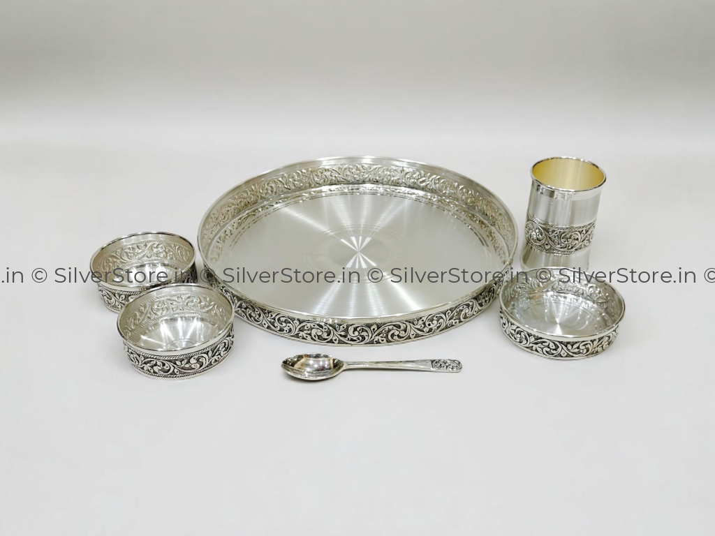 Pure Silver Dinner Set /Pure Silver thali set - 925 Bis hallmarked - Nakshi work with Antique Fnish with glass katori