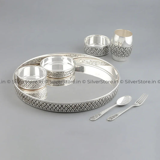 Pure Silver Dinner Set /Pure Silver thali set - 925 Bis hallmarked - Nakshi work with Antique Fnish with glass katori