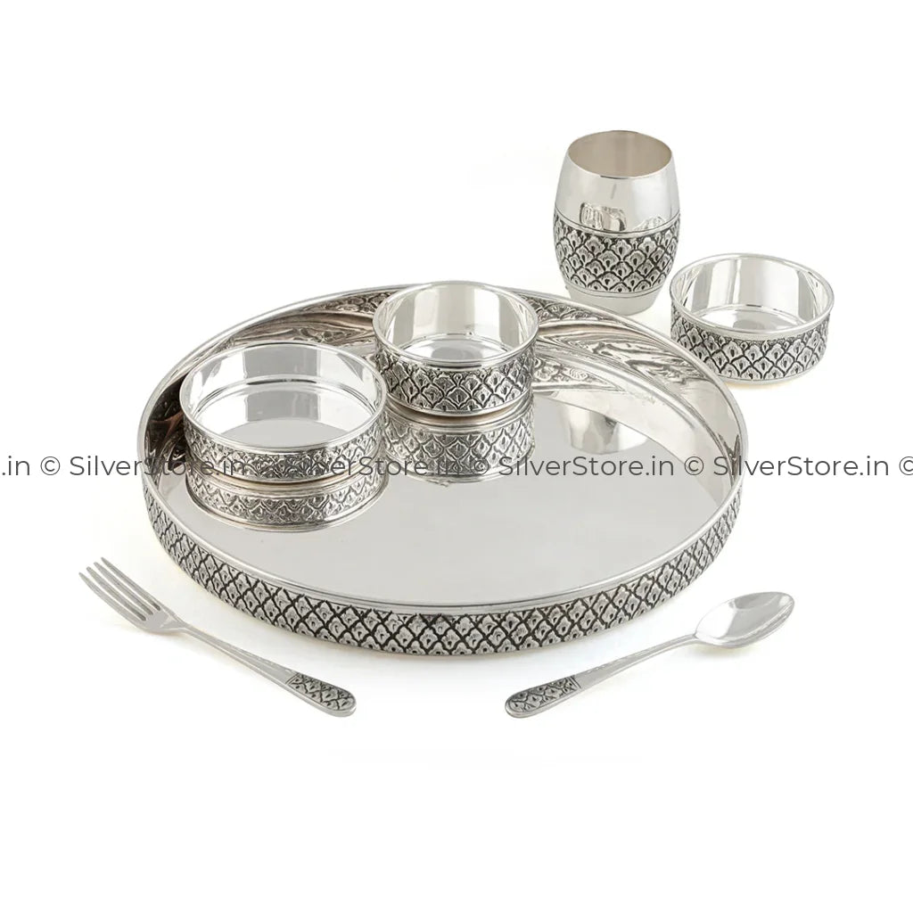 Pure Silver Dinner Set /Pure Silver thali set - 925 Bis hallmarked - Nakshi work with Antique Fnish with glass katori