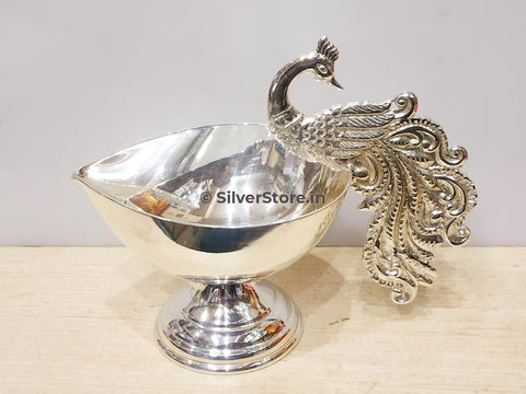 Pure Silver Diya - Peacock Handle 925 Silver Diya