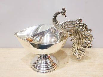 Pure Silver Diya - Peacock Handle 925 Silver Diya