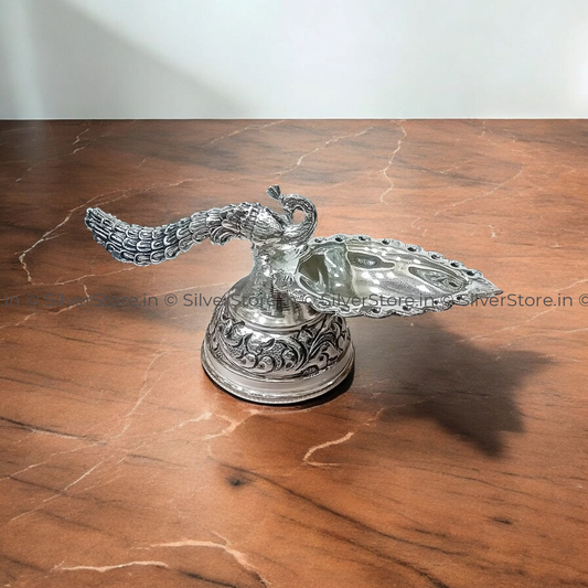 Pure Silver Diya - Peacock Handle 925 Bis Hallmark Silver Diya