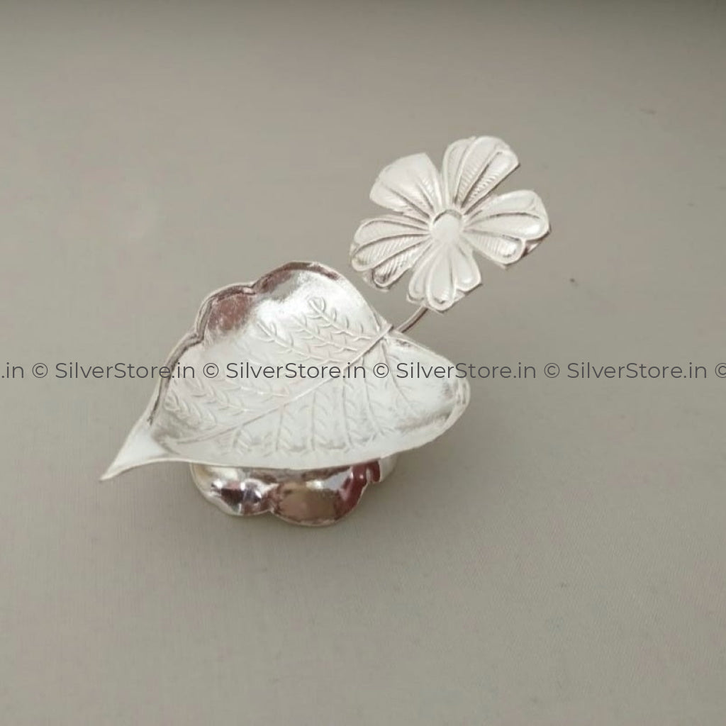 Pure Silver Diya - Peepal Leaf Pattern 925 Silver