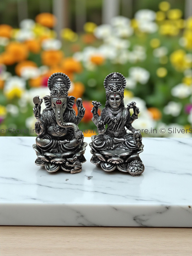 Pure Silver Ganesh - Laxmi Idols - semi solid antique finish idols - 925 Silver - 3’’ Height