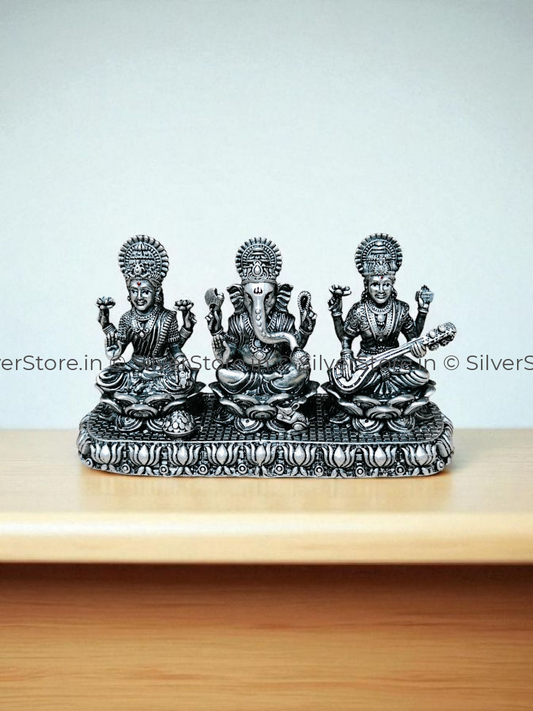 Pure Silver Ganesh Laxmi Sarswati idol seating on lotus 925 silver 2.25’’ height Silver Idol