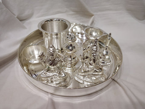 Pure Silver Pooja Thali - 8 Size Pack Of Items.