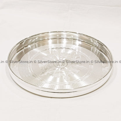 Pure Silver Thali / Plate - Ashapura Flower Engraved Pattern With 990 Bis Hallmark Silverware
