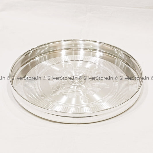 Pure Silver Thali / Plate - Ashapura Flower Engraved Pattern With 990 Bis Hallmark Silverware
