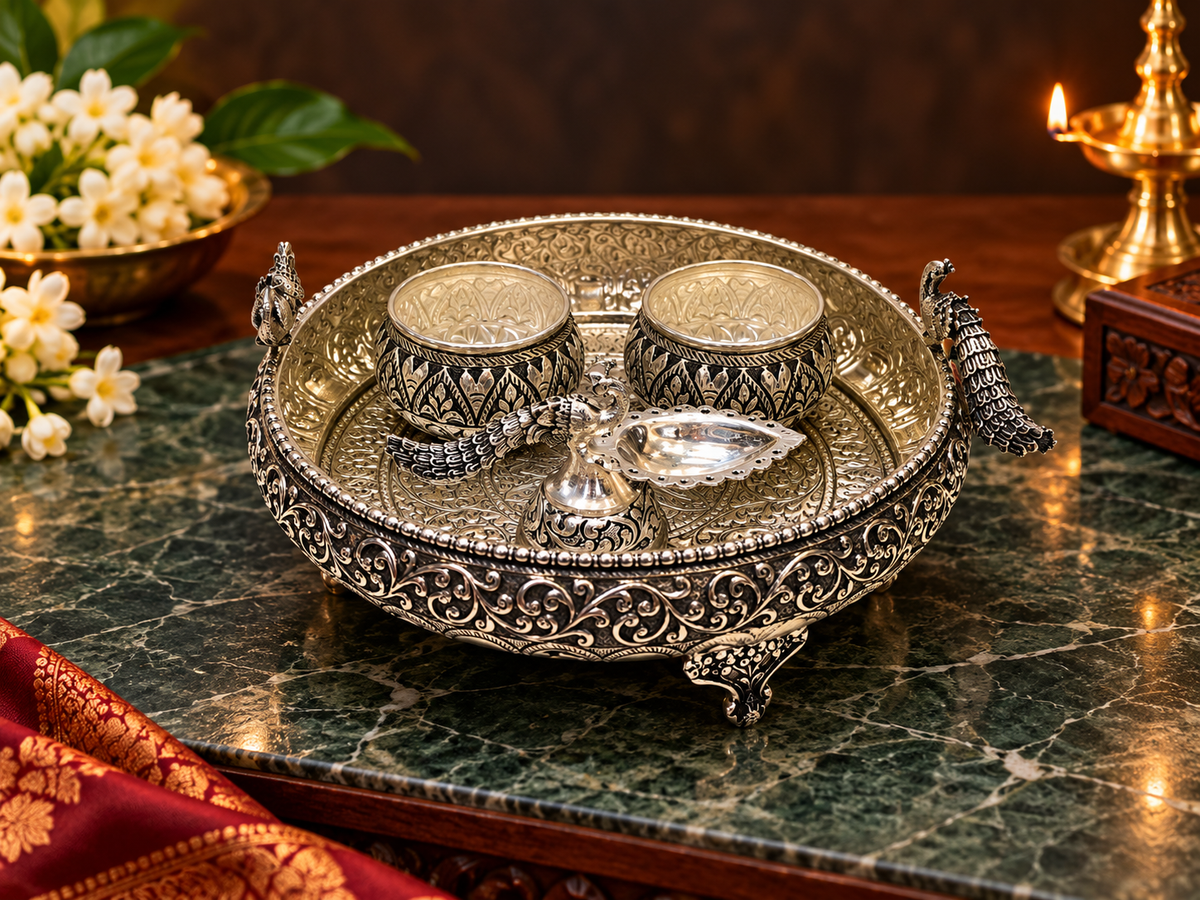 Pure Silver Pooja Thali Set /  Silver Pooja Plate -925 Silver Bis Hallmark -7 " Size