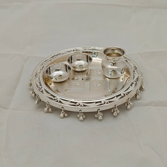 Silver Pooja Thali set - 925 Silver - swastik pattern - 6" size - Pack of 4