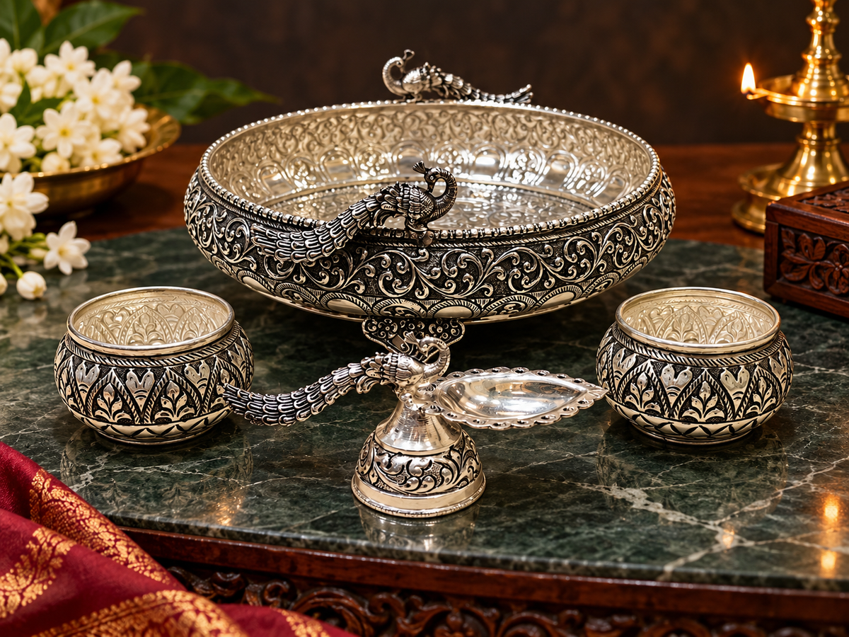 Pure Silver Pooja Thali Set /  Silver Pooja Plate -925 Silver Bis Hallmark -7 " Size