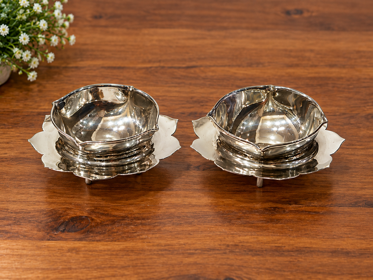 Pure Silver Diya -Lotus Pattern -925 silver - pack of 2