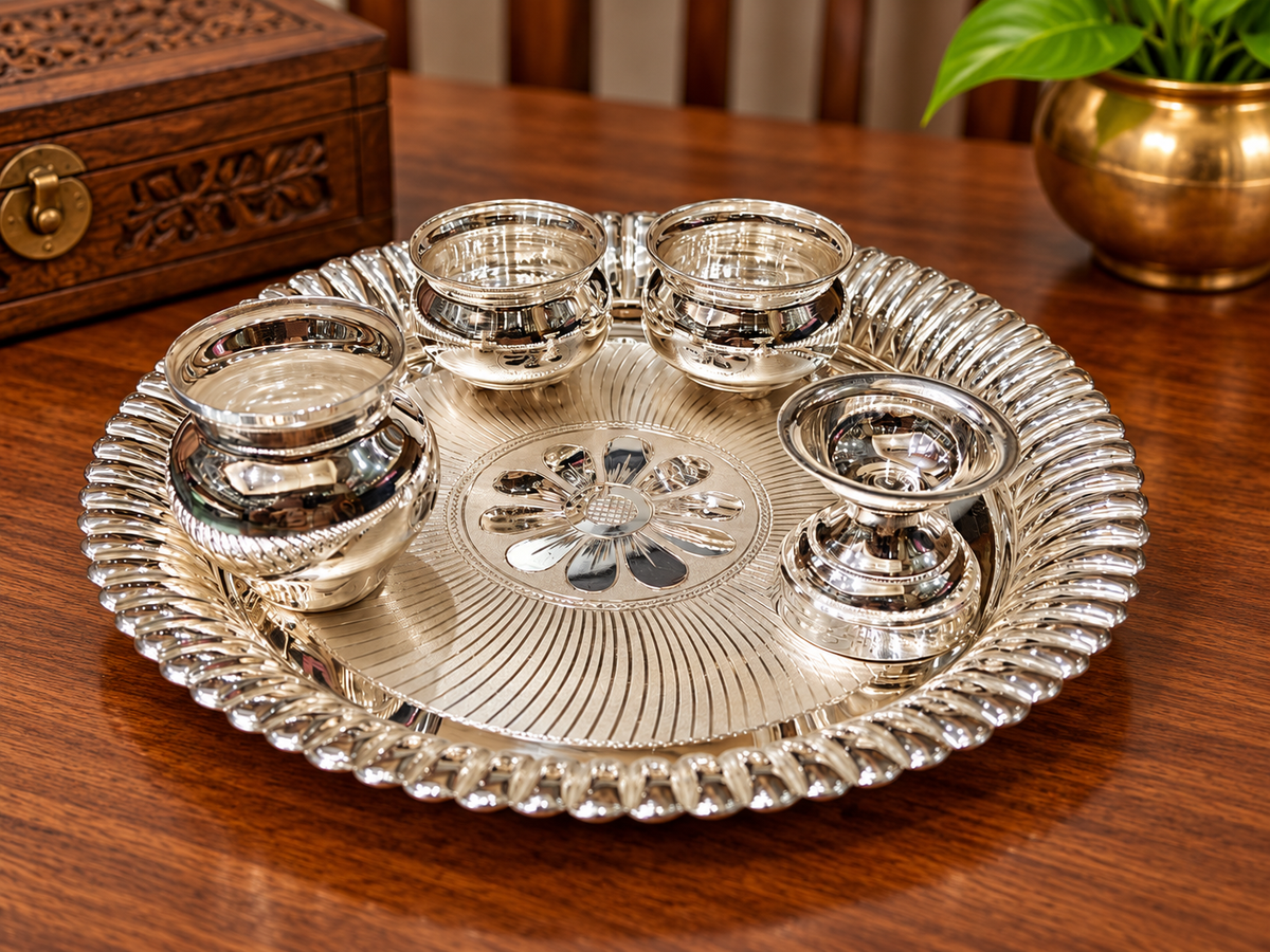 925 Silver Pooja thali set - Pack of 5 pc - 8" size