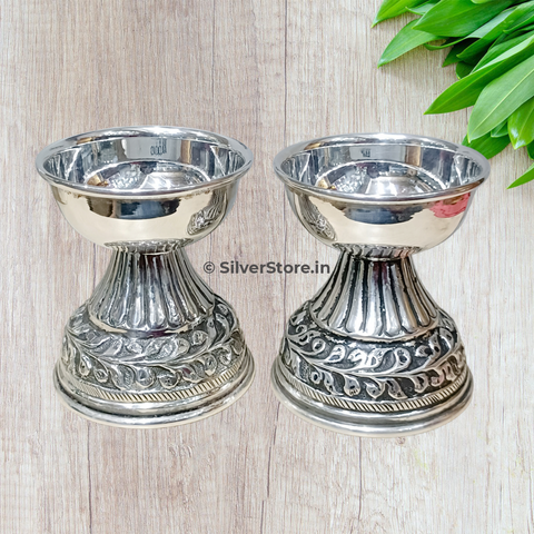 Silver Antique Diya - 925 Pack Of 2 Round Shape Pooja Item