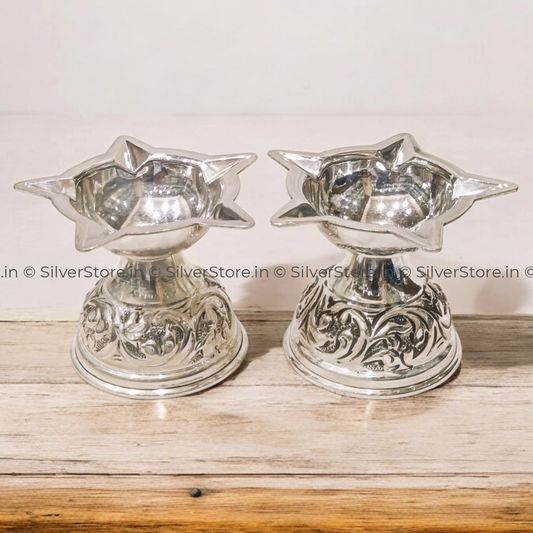 Silver Antique Diya - 925 (Pack Of 2) Star Pattern Pooja Item
