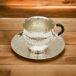 Silver Cup Saucer - 925 Bis Hallmarked Flower In Hammer Pattern Full Size Silver Tableware