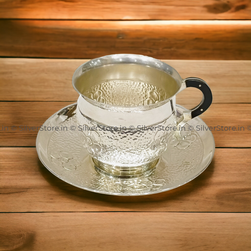 Silver Cup Saucer - 925 Bis Hallmarked Flower In Hammer Pattern Full Size Silver Tableware