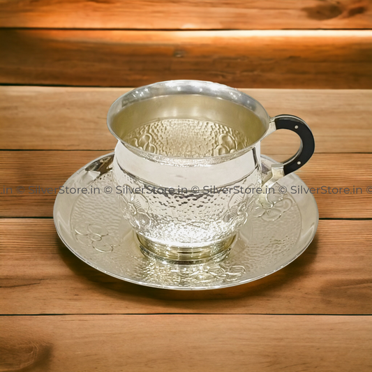 Silver Cup Saucer - 925 Bis Hallmarked Flower In Hammer Pattern Full Size Silver Tableware