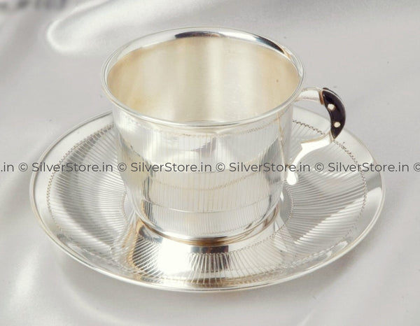 Silver Cup Saucer 925 Bis Hallmarked - Line Pattern Silver Tableware