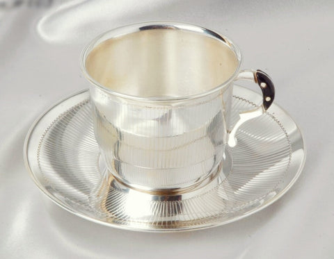 Silver Cup Saucer 925 Bis Hallmarked - Line Pattern Silver Tableware