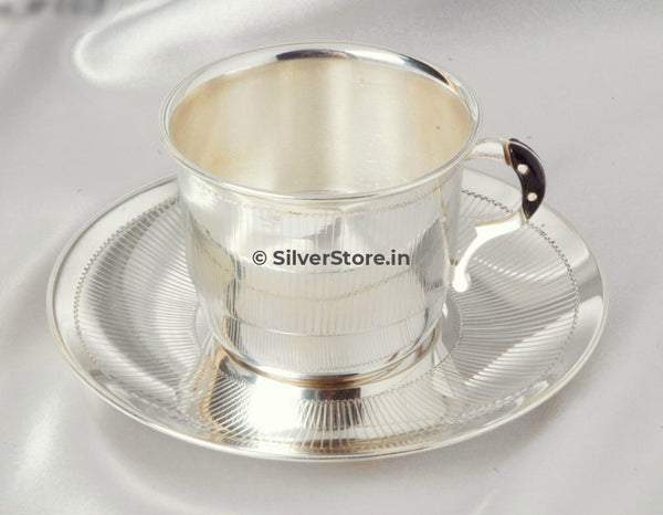 Silver Cup Saucer 925 Bis Hallmarked - Line Pattern Silver Tableware