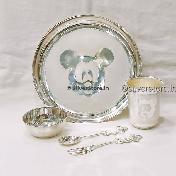 Silver Dinner Set For Baby - 925 Bis Hallmark 8 Size Mickey Pattern Silver Dinner