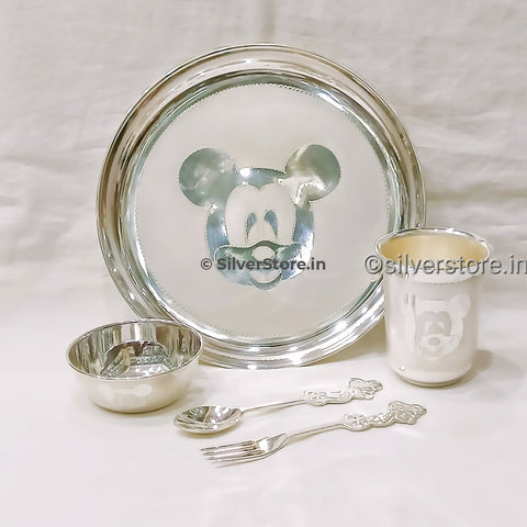 Silver Dinner Set For Baby - 925 Bis Hallmark 8 Size Mickey Pattern Silver Dinner