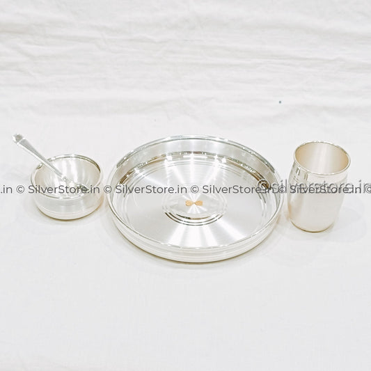 Silver Dinner Set For Baby - With Gold Flower In The Plate Bis Hallmark 8 Size