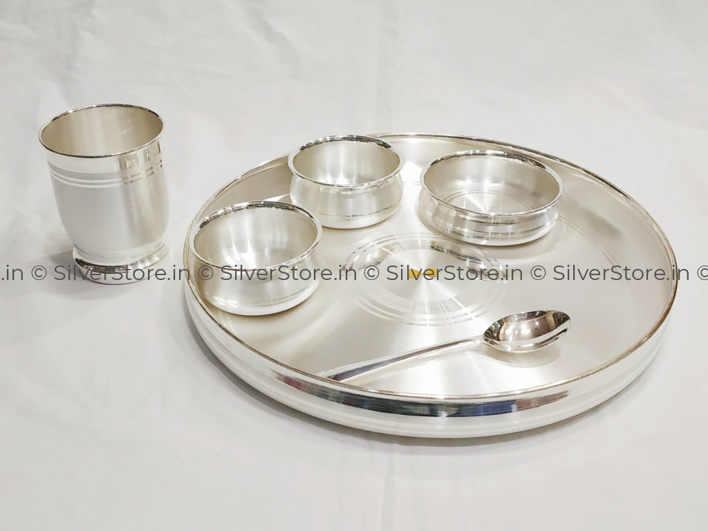 Silver Dinner Set With Gold Flower In Centre - Ashapura Pattern-990 Bis Hallmarked Silver Tableware