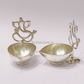 Silver Diya - Ganesh Pattern 925 Silver Diya- Pack Of 2