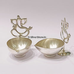 Silver Diya - Ganesh Pattern 925 Silver Diya- Pack Of 2
