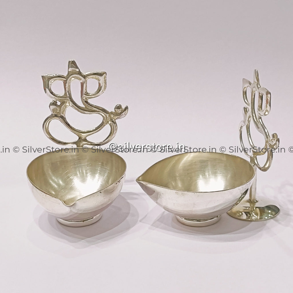 Silver Diya - Ganesh Pattern 925 Silver Diya- Pack Of 2