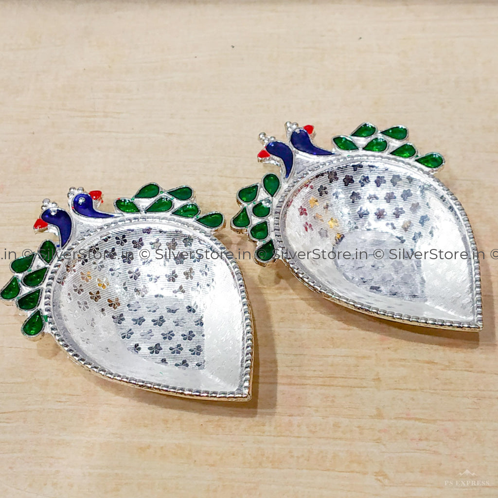 Silver Diya - Twin Peacock Pattern -925 Silver Diya-Pack Of 2