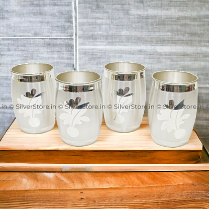 Silver Glass - Dholak Pattern With Flower Engraving Set Of Four Glasses 990 Bis Hallmark Pure